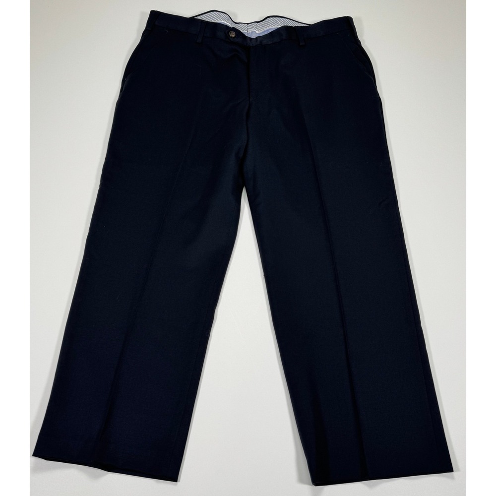 BERLE Mens Dress Pants 38x27 Black 100% Wool Flat Front Trousers